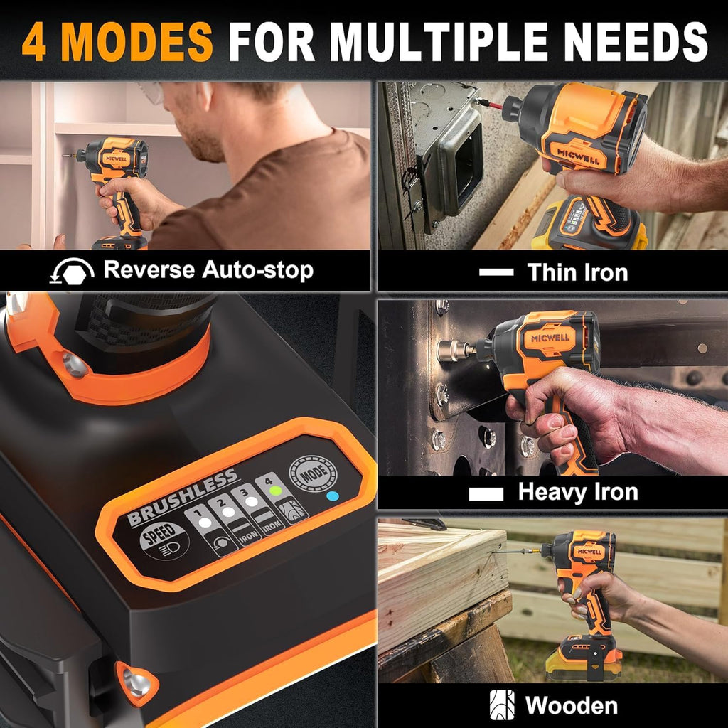 MICWELL 2-in-1 Cordless Power Tool Combo Kit: 4-Speed Brushless Impact Driver with LED Work Light & 5-Speed Variable Leaf Blower with 2 Handle Rotation Angles, Compatible with 20V Max Battery
