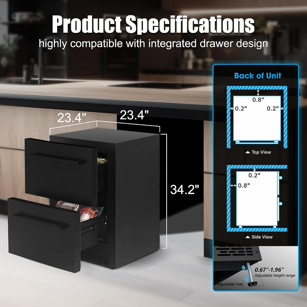 24Inch Double Drawer Refrigerator with Freezer,Under Counter Beverage Fridge for Indoor Outdoor Kitchen, Waterproof Black Stainless Steel Freezer for Freshness & Freezing Meat (-0.4℉ to 50℉)