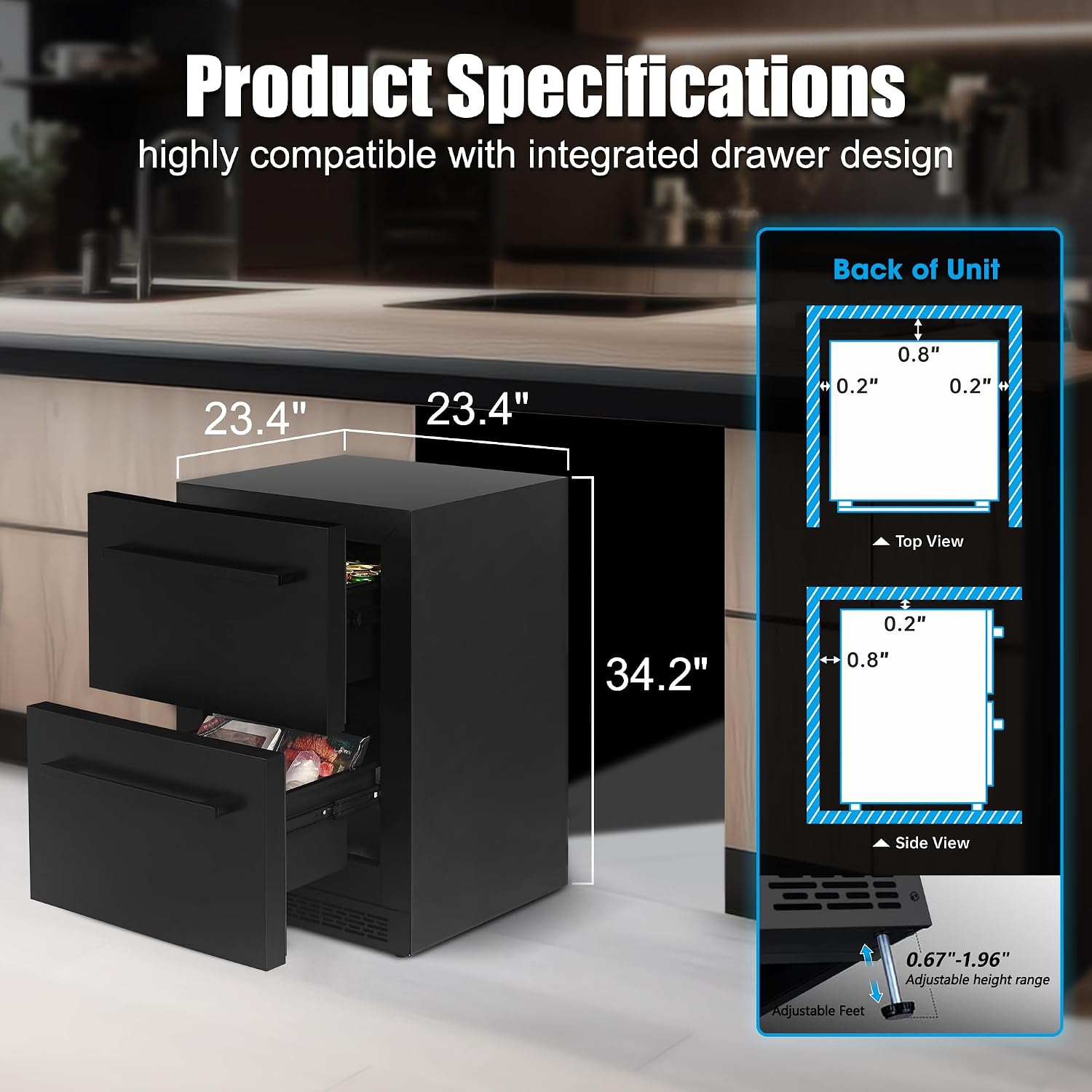 24Inch Double Drawer Refrigerator with Freezer,Under Counter Beverage Fridge for Indoor Outdoor Kitchen, Waterproof Black Stainless Steel Freezer for Freshness & Freezing Meat (-0.4℉ to 50℉)
