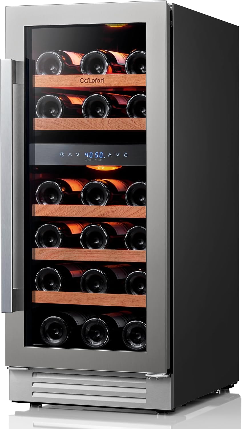 Ca'Lefort 15 Inch Wine Fridge, 28 Bottles Dual Zone 40-65°F Wine Cooler, Adjustable Shelves & 3 LED Light, Wine Refrigerator with Glass Door, Built-in Under Counter Freestanding for Home/Kitchen/Bar