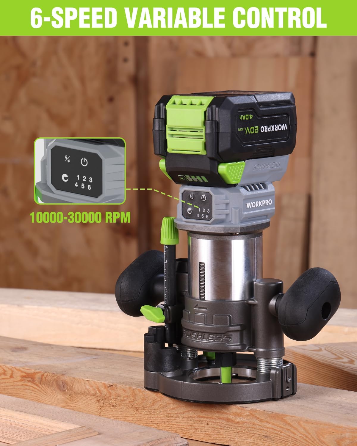 WORKPRO 20V Cordless Compact Router Tool, 6 Variable Speeds up to 30,000RPM Wood Router for Chamfering, Slotting, Trimming, with Multi-Angle Adjustable, Straight, Dual-Handle Base and Multiple Bits