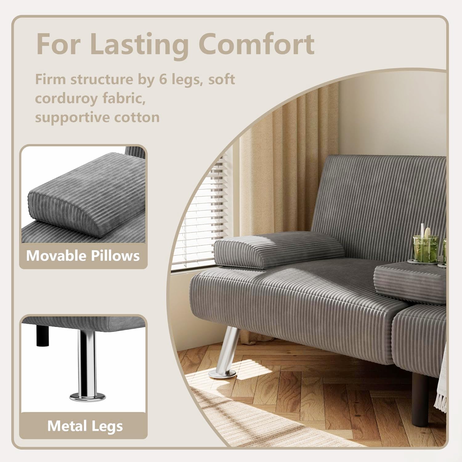 Flamaker Futon Sofa Bed Modern Folding Futon Set Convertible Recliner Lounge for Living Room with 2 Cup Holders, Removable Armrests (Corduroy, Marble Grey)