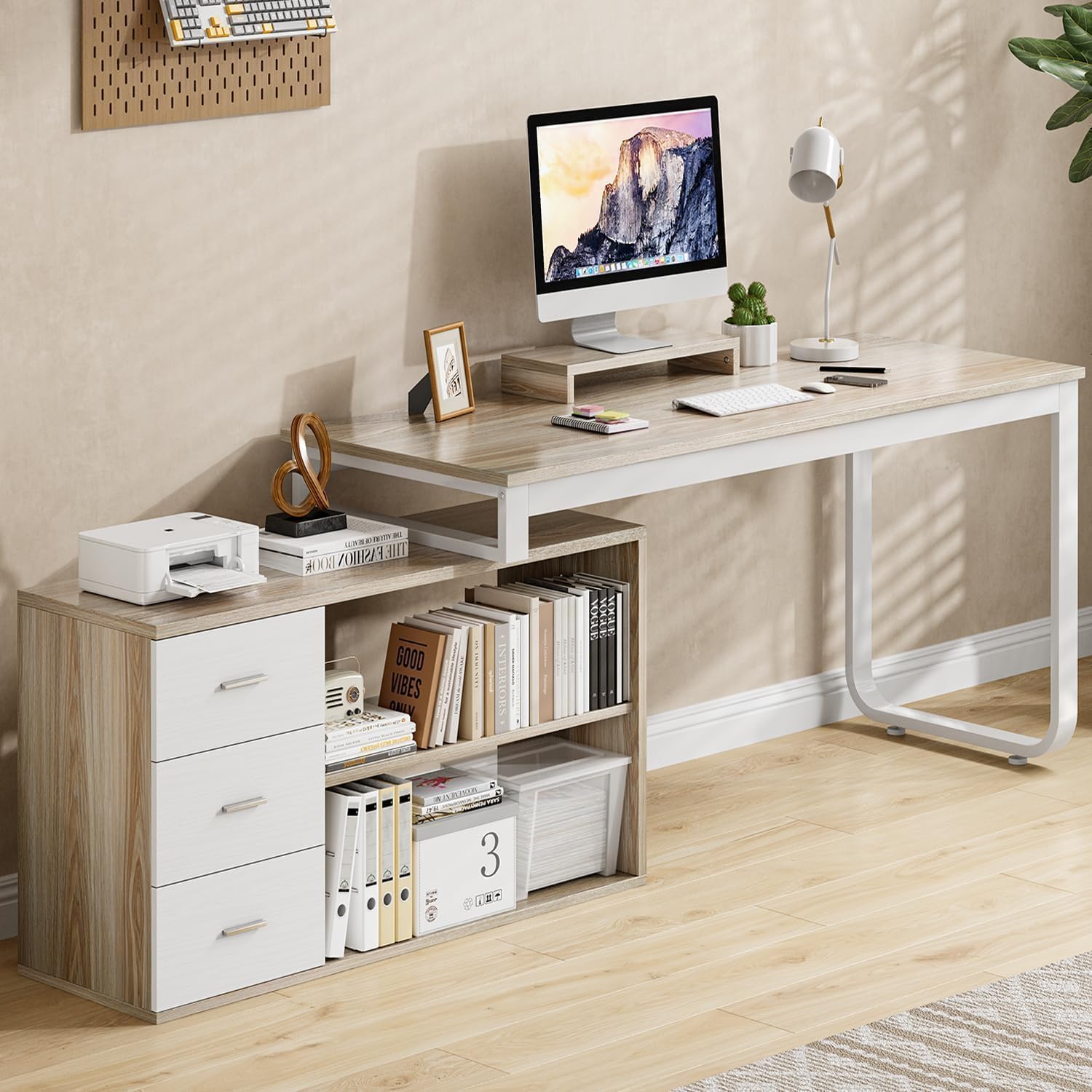 MaverickFurni 55' L Shaped Desk with Drawers and Shelves, Home Office Desk with Monitor Stand for Work Writing Study, Reversible Corner Desk with Storage, White and Walnut