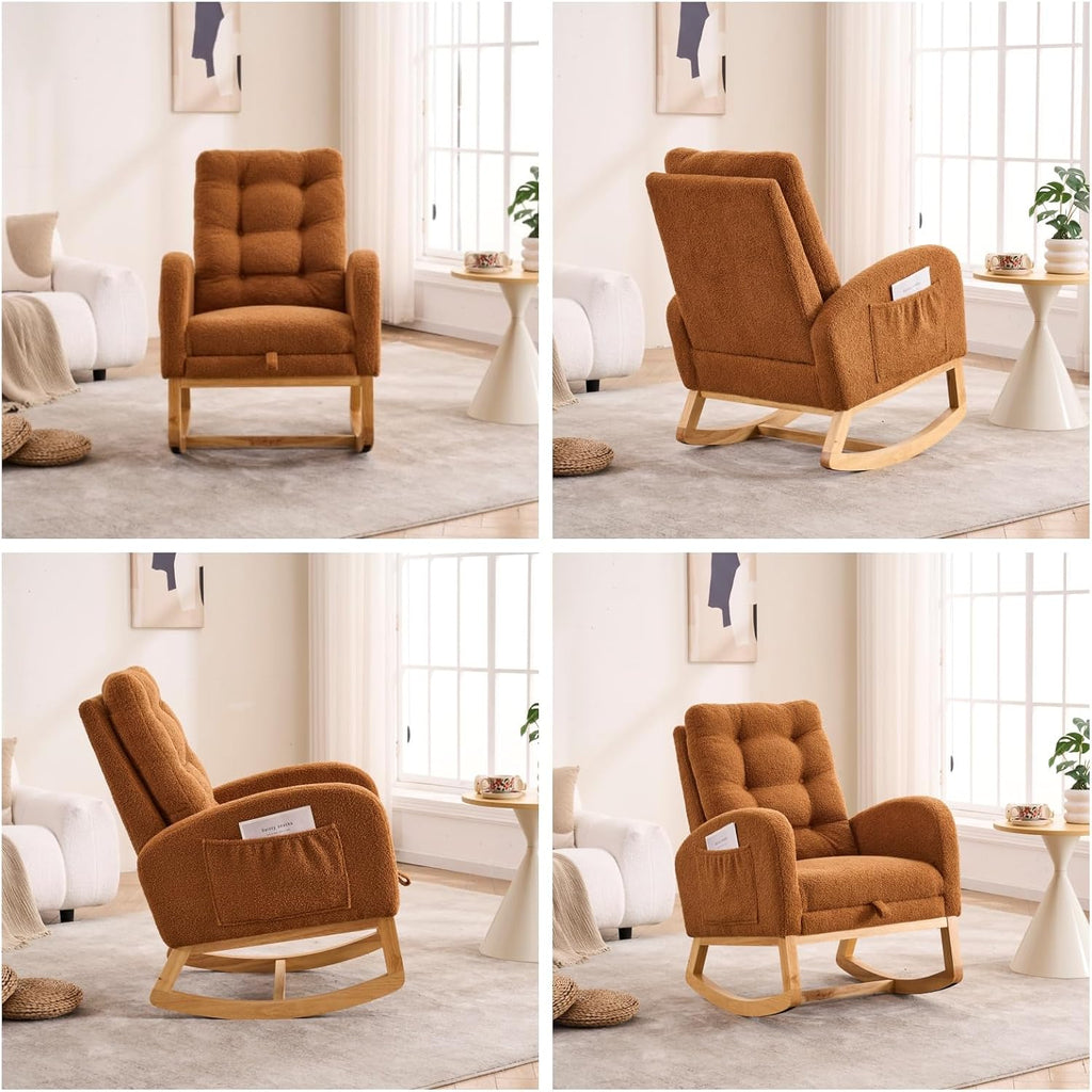 Nursery Rocking Chair with Retractable Footrest,Accent Rocker for Relaxing, Side Pocket,A+ Grade Rubber Wood,Suitable for Living Room,Bedroom and Balcony (Teddy Fleece, Caramel)