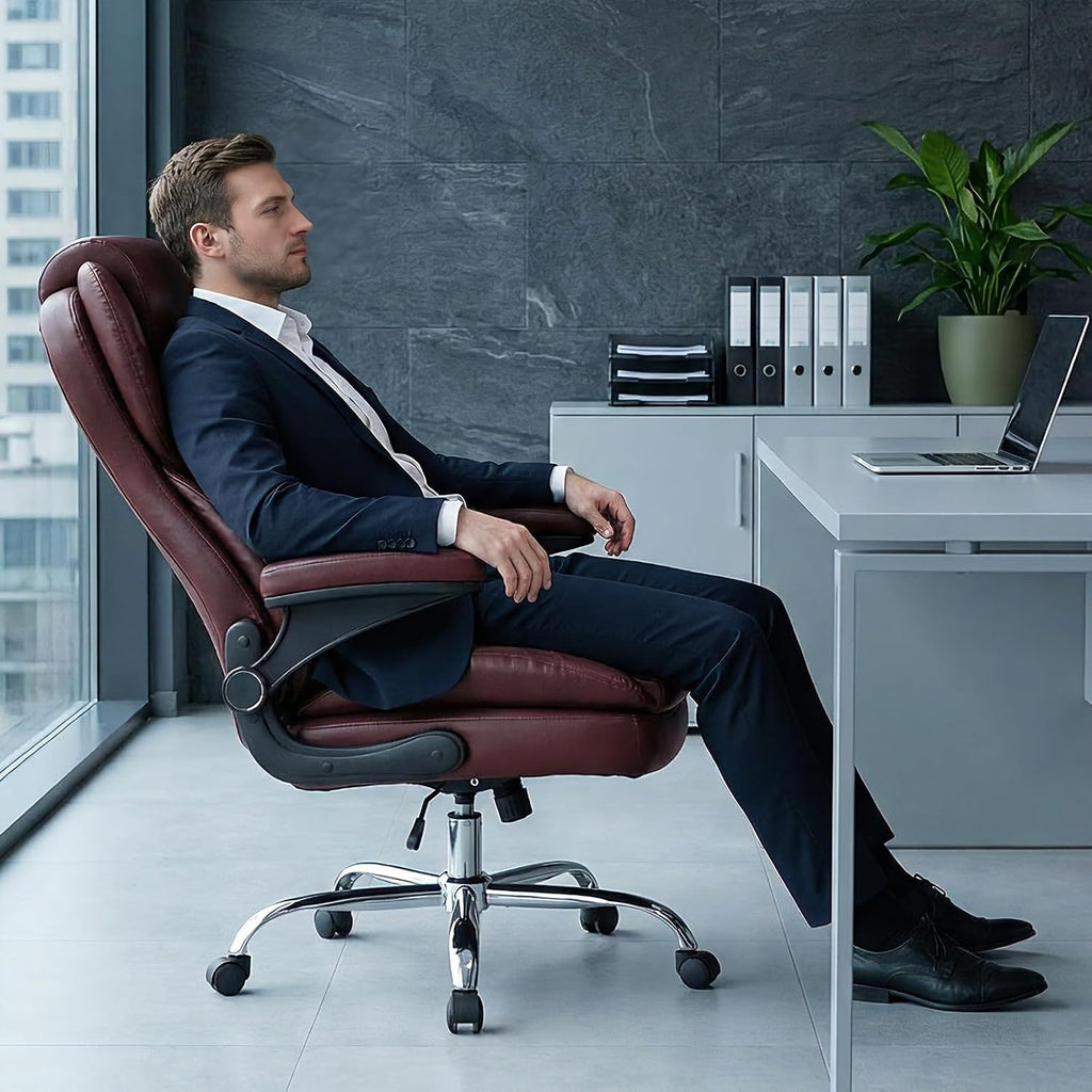 Office Desk Chair, Executive Leather Office Chair, High Back Ergonomic Home Desk Chair with Padded Flip-up Arms, Big and Tall Computer Chair with Rocking Function, 360°Swivel Free, Brown