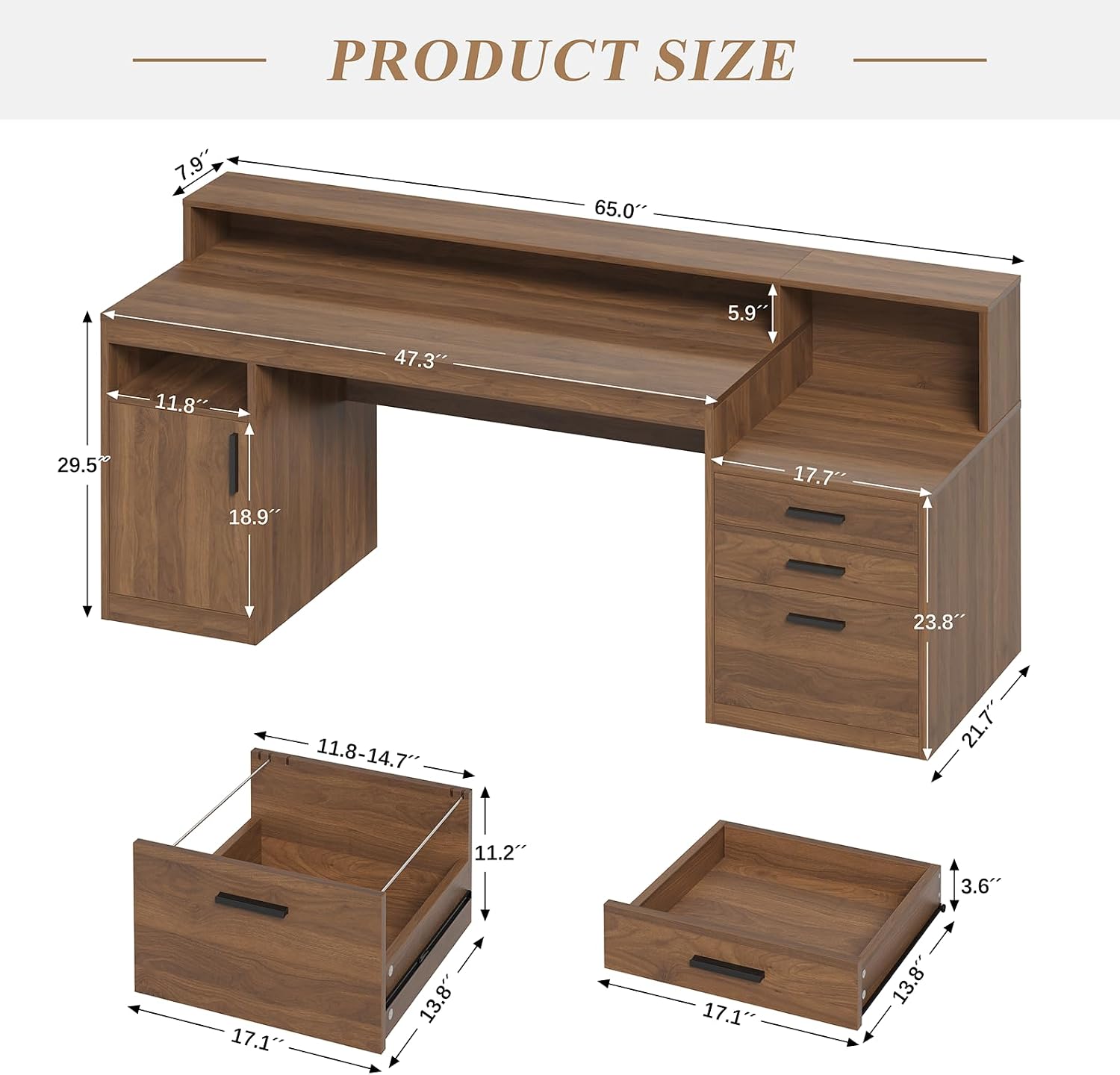 YOMILUVE Computer Desk with 3 Drawers & Storage Shelves, 65 Inch Home Office Desk with File Drawer & Cabinet, Writing Study Desks with Monitor Stand & Printer Shelf, Executive Desk, Brown
