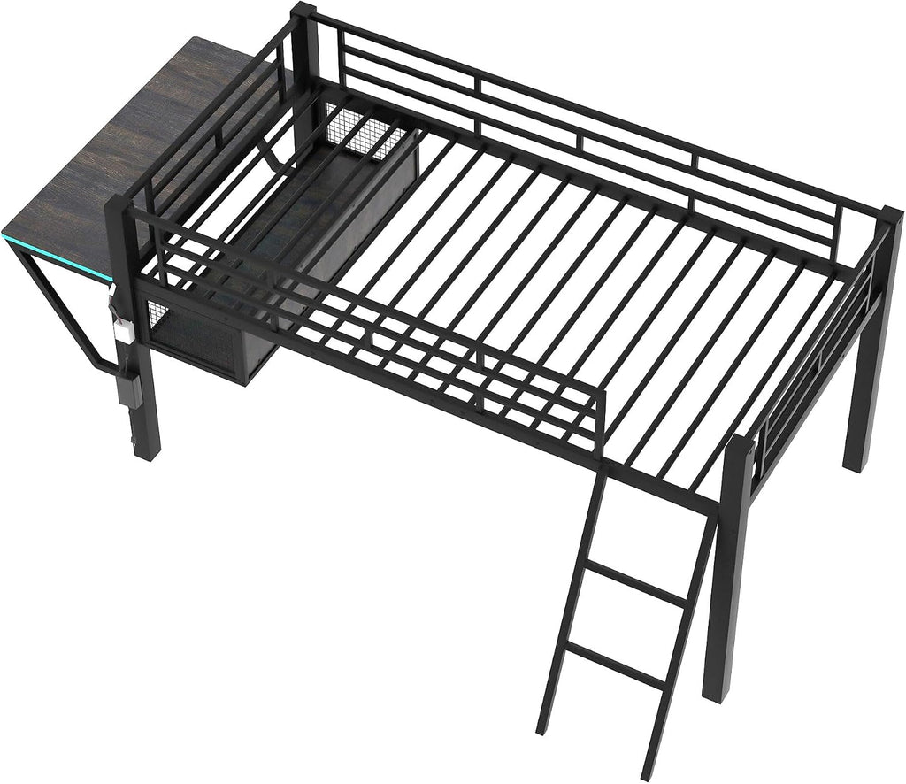 Linique Twin Size Gaming Loft Bed with Desk, LED and Staircase, Metal Loft Bed Frame with Vented Mesh Undercarriage Storage, Black