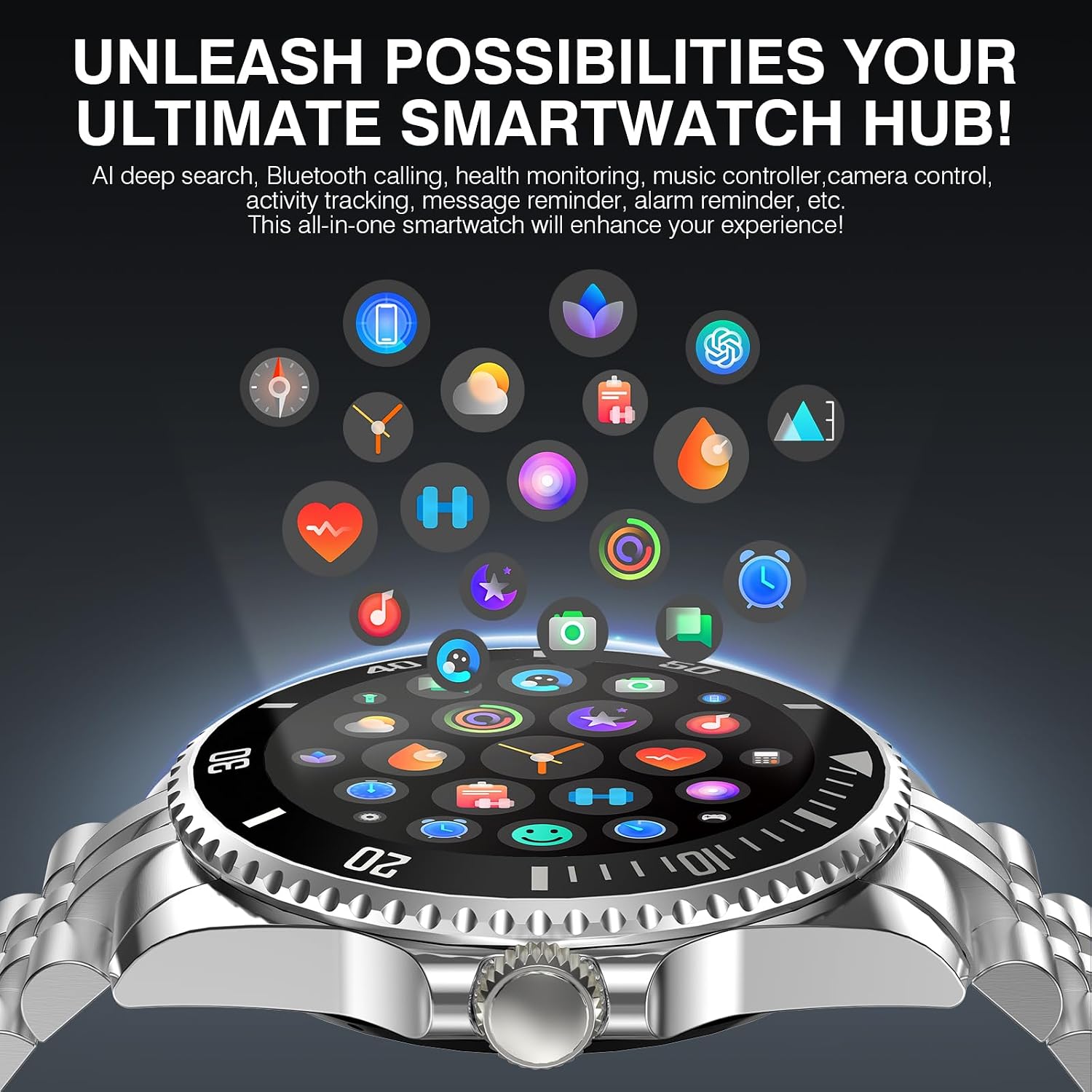 SOUYIE AI Smart Watch, DA GPT Waterproof Smartwatch, 1.19-inch AMOLED Display, 24/7 Heart Rate, Blood Oxygen, Blood Pressure, Sleep Monitor, 107 Sports Modes, Compatible Android and iOS Silver Black