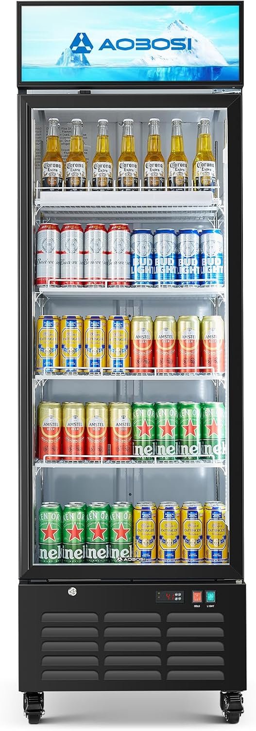 AAOBOSI Commercial Merchandiser Refrigerator,17.1 Cu.Ft Glass Door Display Refrigerator,Upright Beverage Cooler Fridge with Soft LED Light, Customizable Lightbox,Universal Casters,Adjustable Shelves
