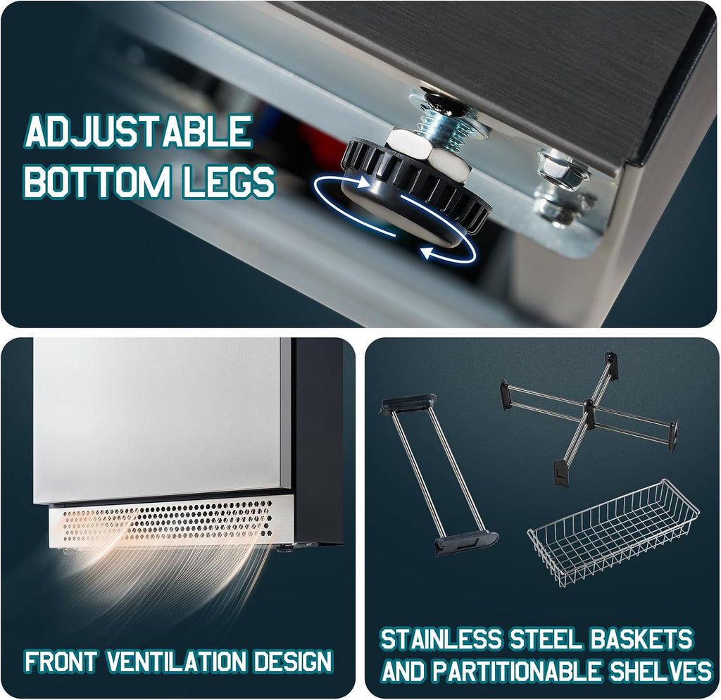 Albott 24 Inch Under Counter Drawer Fridge – Stainless Steel Beverage Refrigerator with Dual Drawers, LED Touch Control, Adjustable Storage, Frost-Free, Low Noise, 34-72℉, for Indoor or Outdoor Use