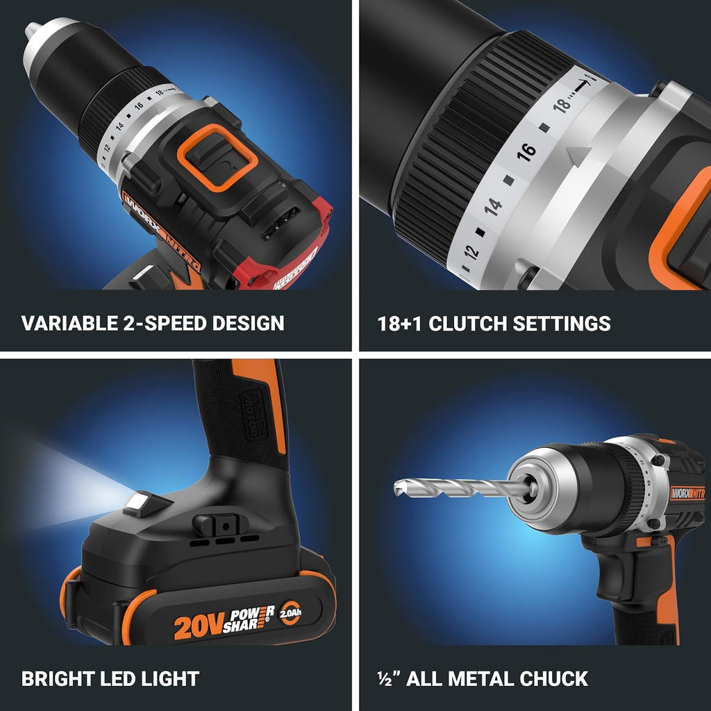 Worx Nitro 20V Cordless 1/2' Drill Driver With Brushless Motor - Compact & Lightweight Set Only 6' and 3 lbs. - Power Share Compatible WX130L - Batteries & Charger Included, Black