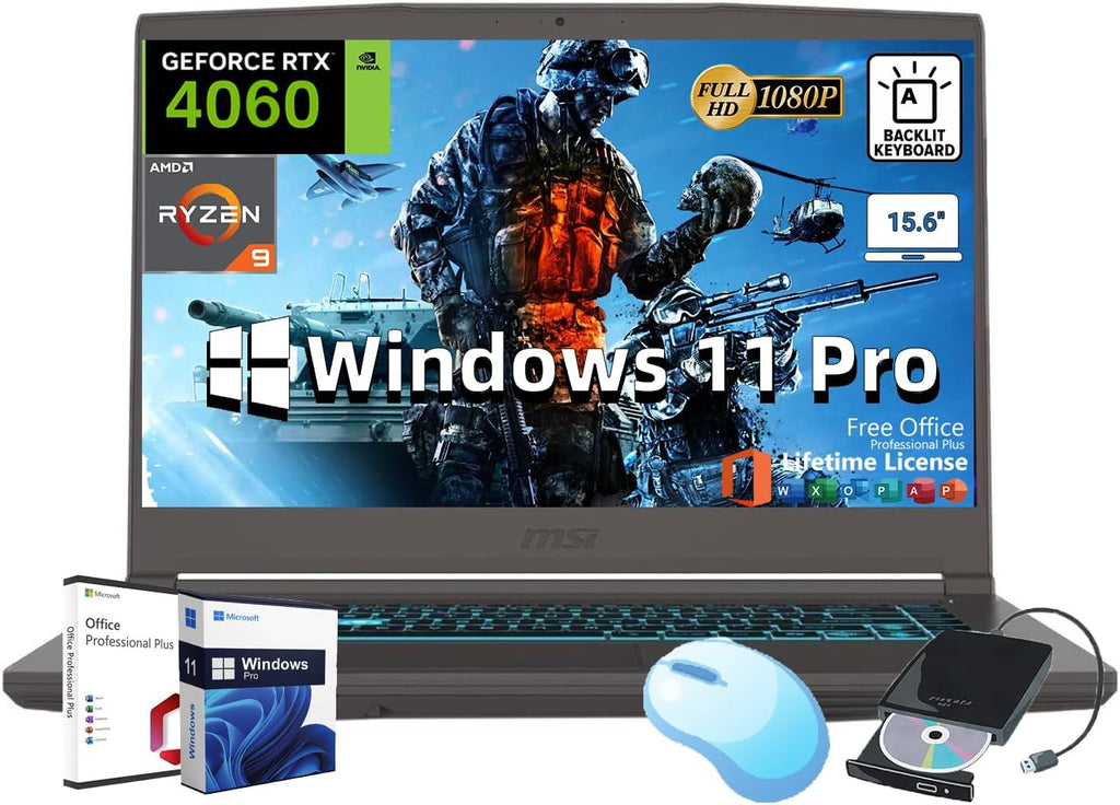 MSI Thin 15 Gaming Laptop | GeForce RTX 4060 Laptop GPU | AMD Ryzen 9 8945HS | 15.6' FHD IPS Display | Backlit KB | w/Office & External DVD Drive | Windows 11 Pro | 64GB RAM | 2 TB SSD