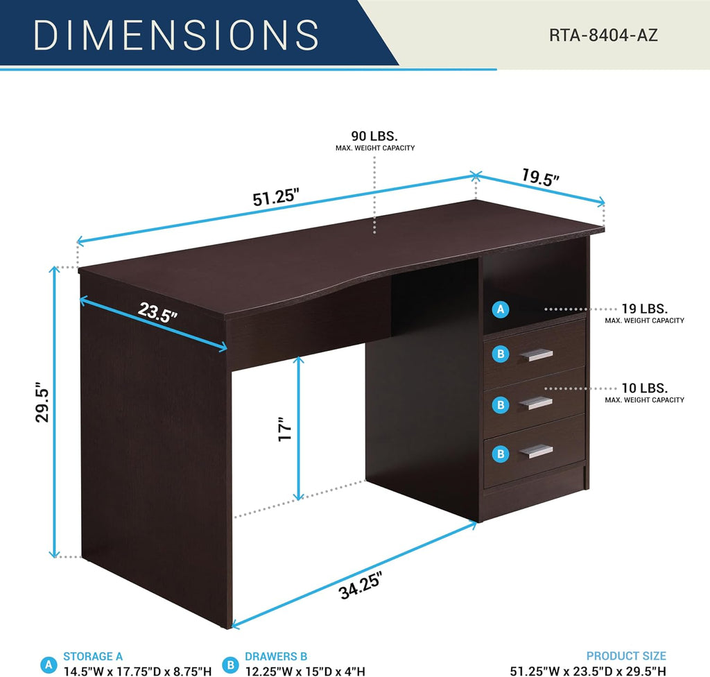 Techni Mobili 51' Classic Computer Desk with Drawers, 3-Drawer Home Office Desk with Storage (Brown)