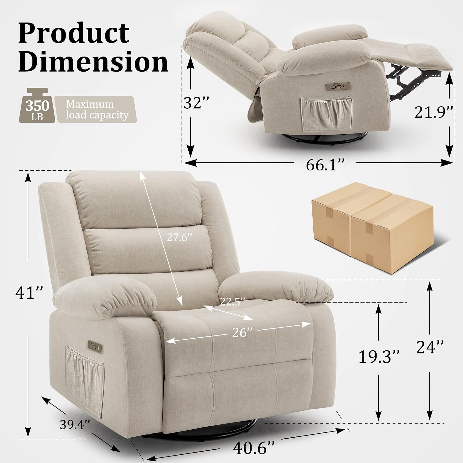 Korser Power Recliner Chair, Electric Rocker Recliner with Massage and Heat, 270° Swivel Glider, Oversized Wide Seat with USB Port, Cashmere Nursery Chair for Living Room, Beige