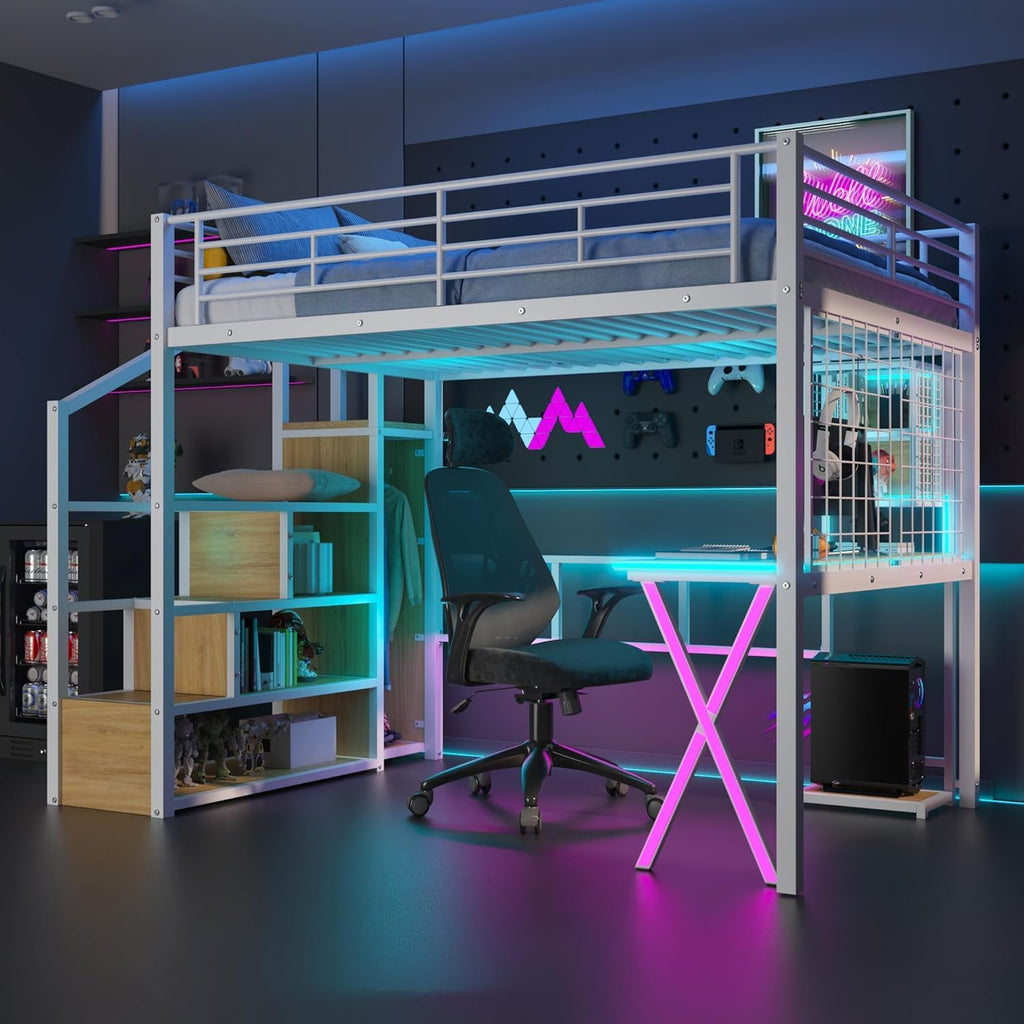 MERITLINE Full Gaming Loft Bed with Desk and Storage Wardrobe& LED RGB,Metal Gaming Bed with Stairs and Storage Case,for Adults Teens (White)