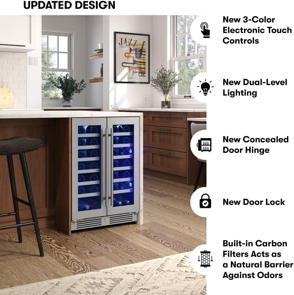 Zephyr Presrv 24' Wine Fridge Dual Zone Under Counter - Countertop Mini Wine Cooler Cellars Small Cabinet Wine Refrigerator Home Bar Chiller Freestanding with French Glass Door, 21 Bottles 750ml