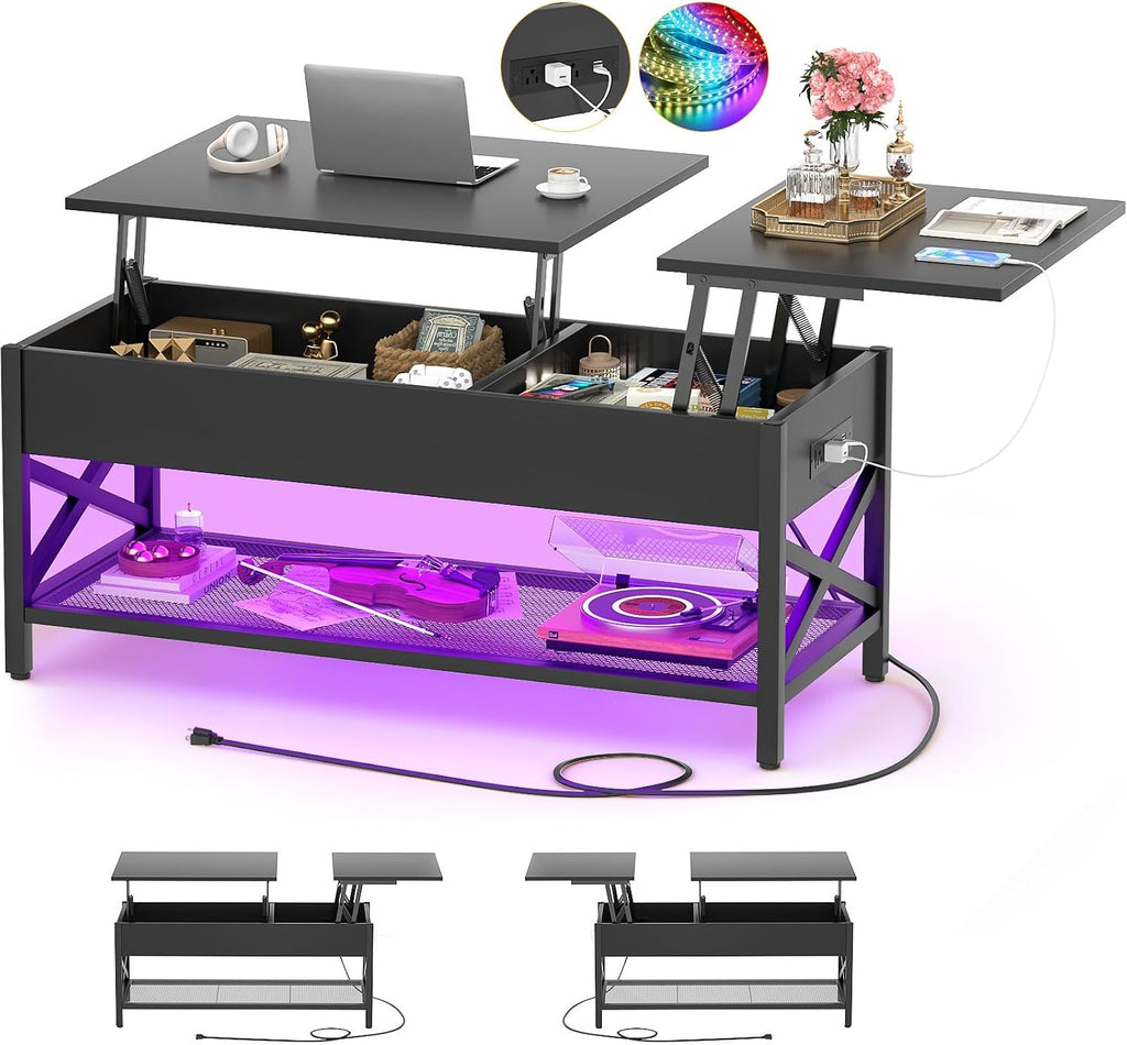 Aheaplus Black Lift-Top Coffee Table with LED Light, Power Outlets and Storage Shelf, 41.7'W x 19.69'L x 19.7'H
