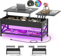 Aheaplus Black Lift-Top Coffee Table with LED Light, Power Outlets and Storage Shelf, 41.7'W x 19.69'L x 19.7'H