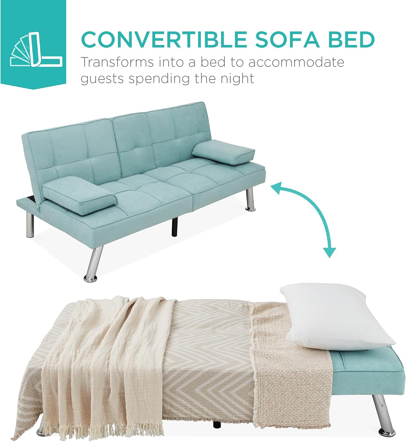 Best Choice Products Linen Modern Folding Futon, Reclining Sofa Bed for Apartment, Dorm w/Removable Armrests, 2 Cupholders - Aqua