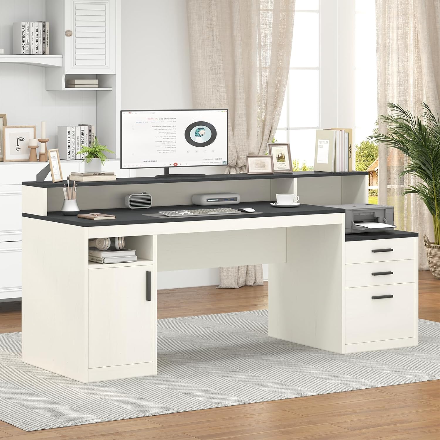 YOMILUVE 65 Inch Computer Desk with 3 Drawers & Storage Shelves, Executive Desk with File Drawer & Cabinet, Home Office Desk with Long Monitor Stand & Printer Shelf, Black & White