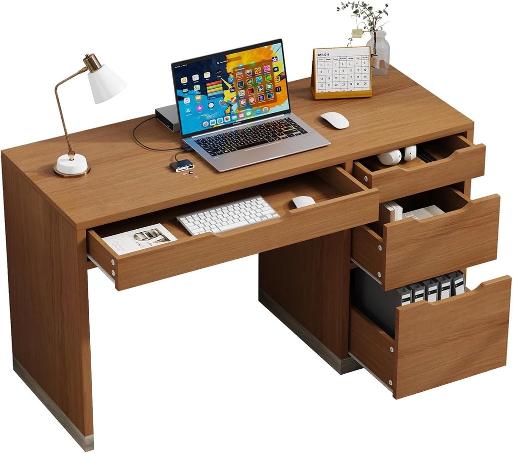 MaverickFurni 48 Inch Small Desk with 4 Drawers, Computer Desk with Storage File Drawer for Bedroom, Home Office Desk with Storage for Small Space, Brown