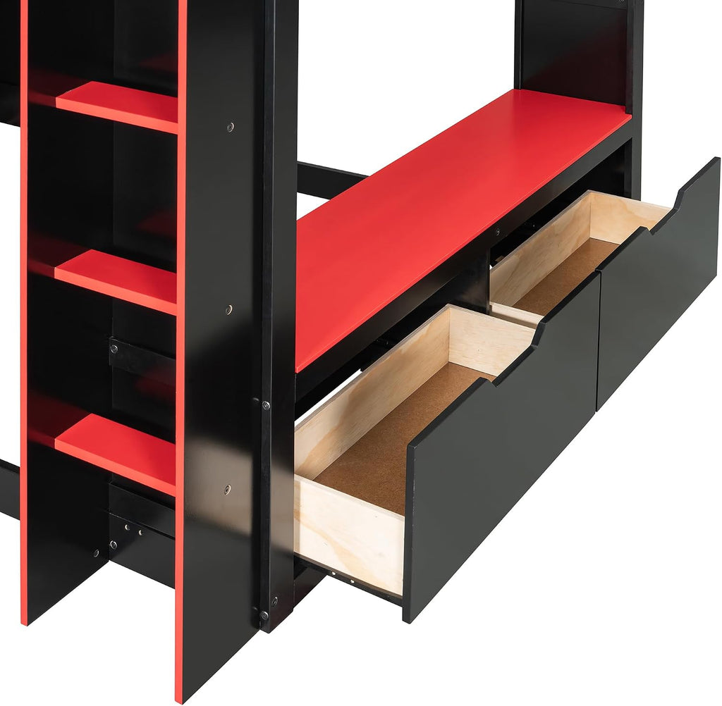 Merax Wood Loft Bed with Height-Adjustable Desk,Drawers,Storage Compartments,Hanging Rod and RGB Lights, Full Size, Red