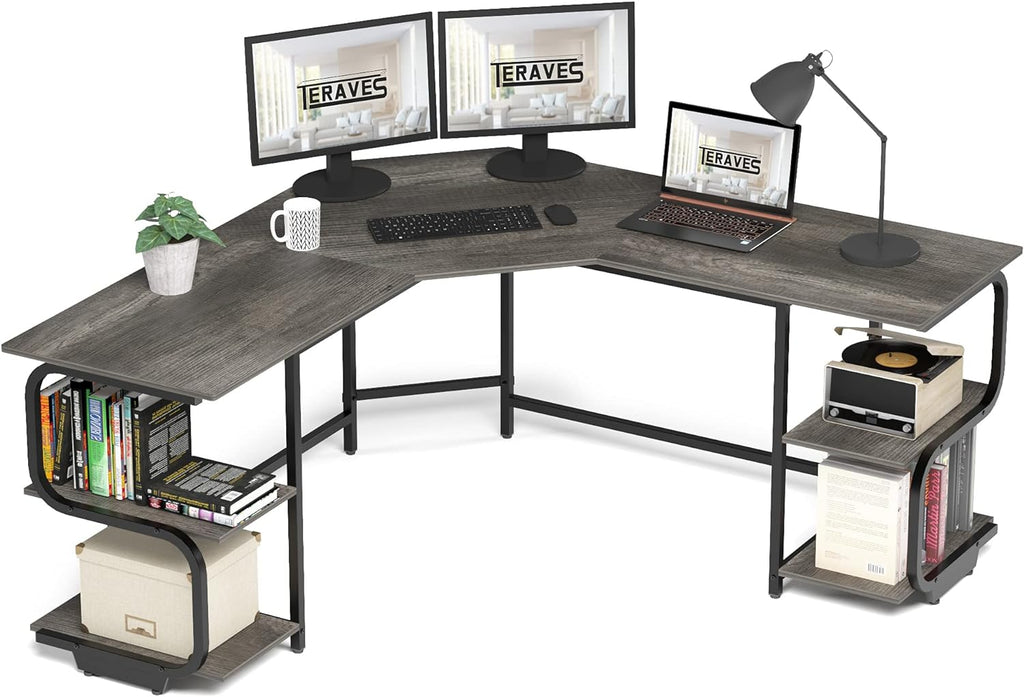 Teraves Modern L Shaped Desk with Shelves,64.84' Gaming Computer Desk for Home Office,Corner Desk with Desktop (Black Oak+Black Frame, Large+4 Tier Shelves)