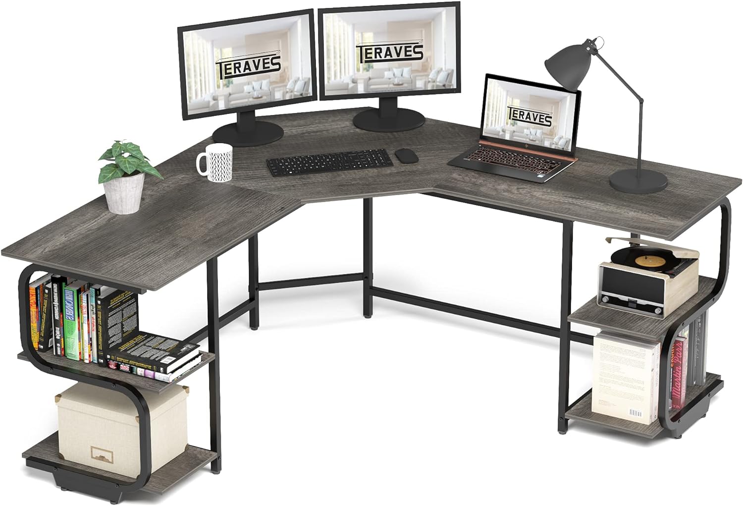 Teraves Modern L Shaped Desk with Shelves,64.84' Gaming Computer Desk for Home Office,Corner Desk with Desktop (Black Oak+Black Frame, Large+4 Tier Shelves)