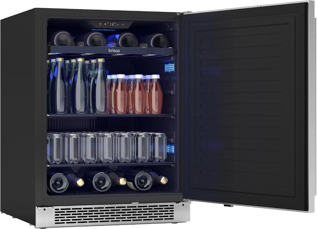 Zephyr Brisas 24' Wine Fridge & Beverage Refrigerator ADA Single Zone Under Counter - Mini Wine Cooler Cellars Small Beer Cabinet Drink Chiller Freestanding Stainless Steel Door - 8 bottles 98 cans