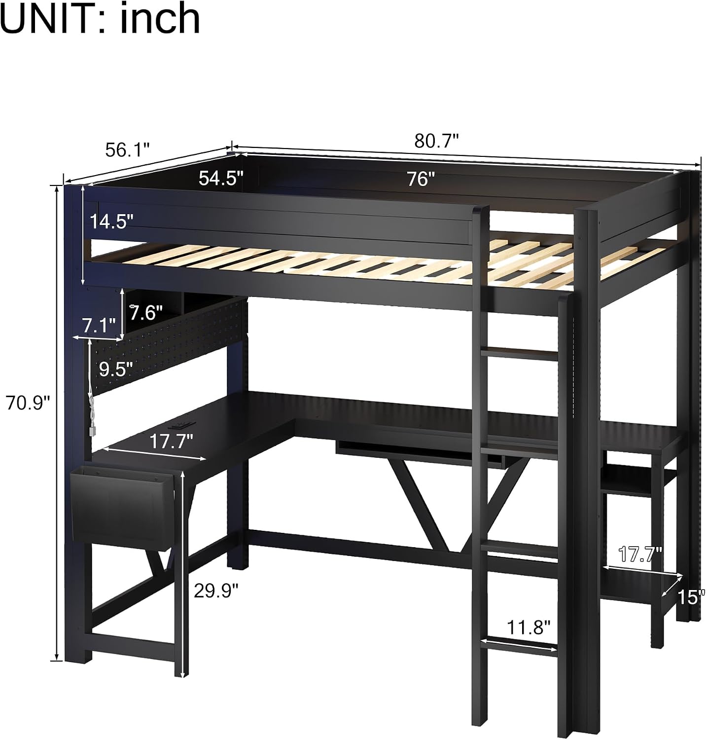 Unique Wood Full Size Gaming Loft Bed with Desk and Storage Shelves,LED and Charging Station,for Kids Teens Adults Bedroom Use (Black/LED, Full)