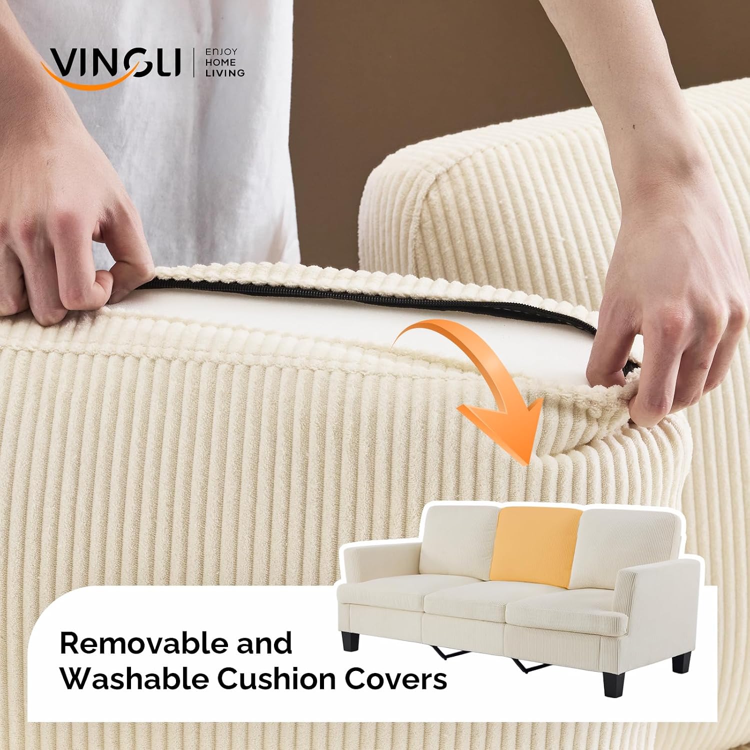 VINGLI Beige 83' Sofa Couches for Living Room, Corduroy Modern Comfy 3 Seater Couch 25.6' Deep Seat Upholstery Cozy Sofas for Small Space, Bedroom, Apartment, Home Office