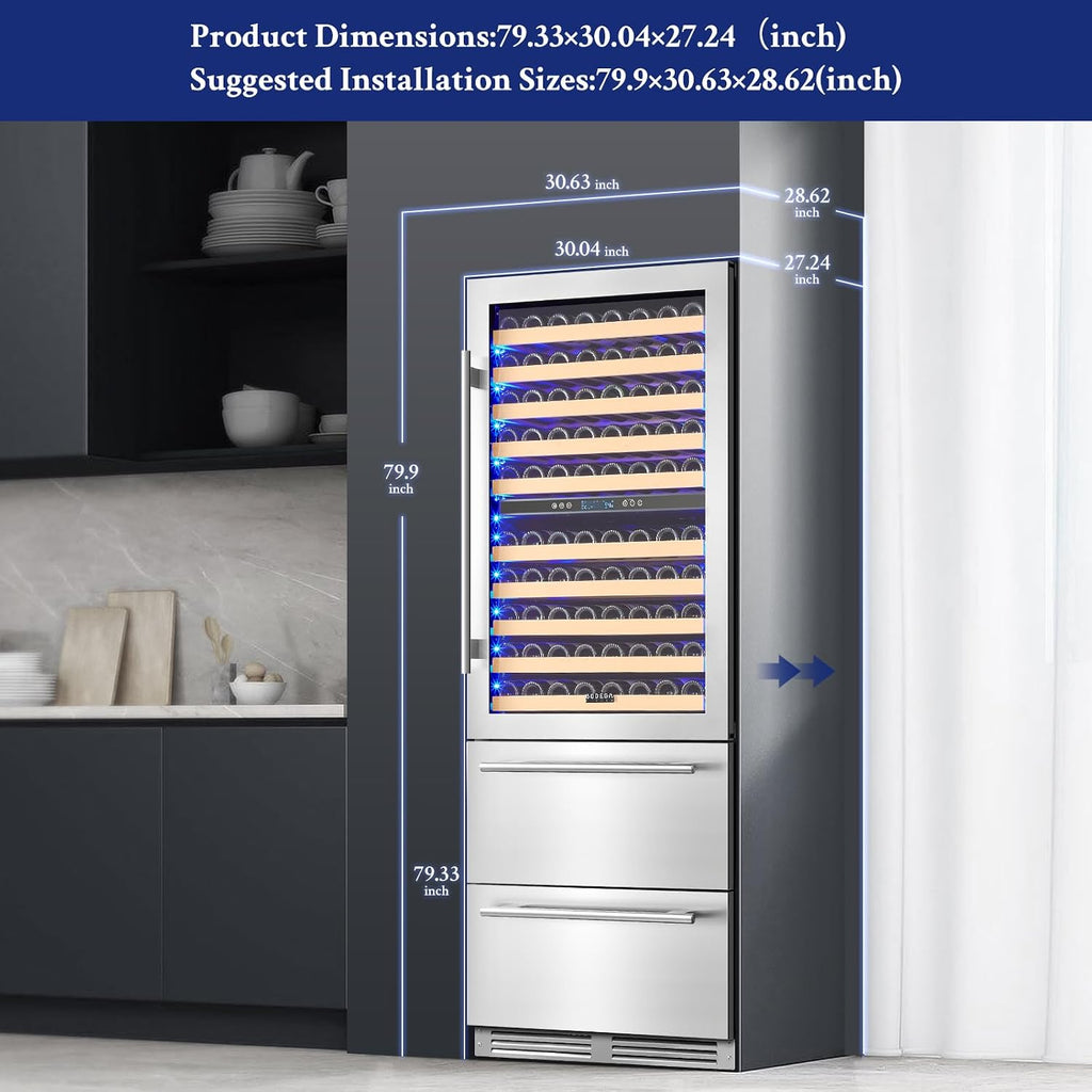 BODEGACOOLER Wine and Beverage Refrigerator, 30 Inch 2 IN 1 Dual Zone Wine Cooler,Built-in or Freestanding Beverage Cooler, Soft LED Light Hold 150 Bottles and 234 Cans