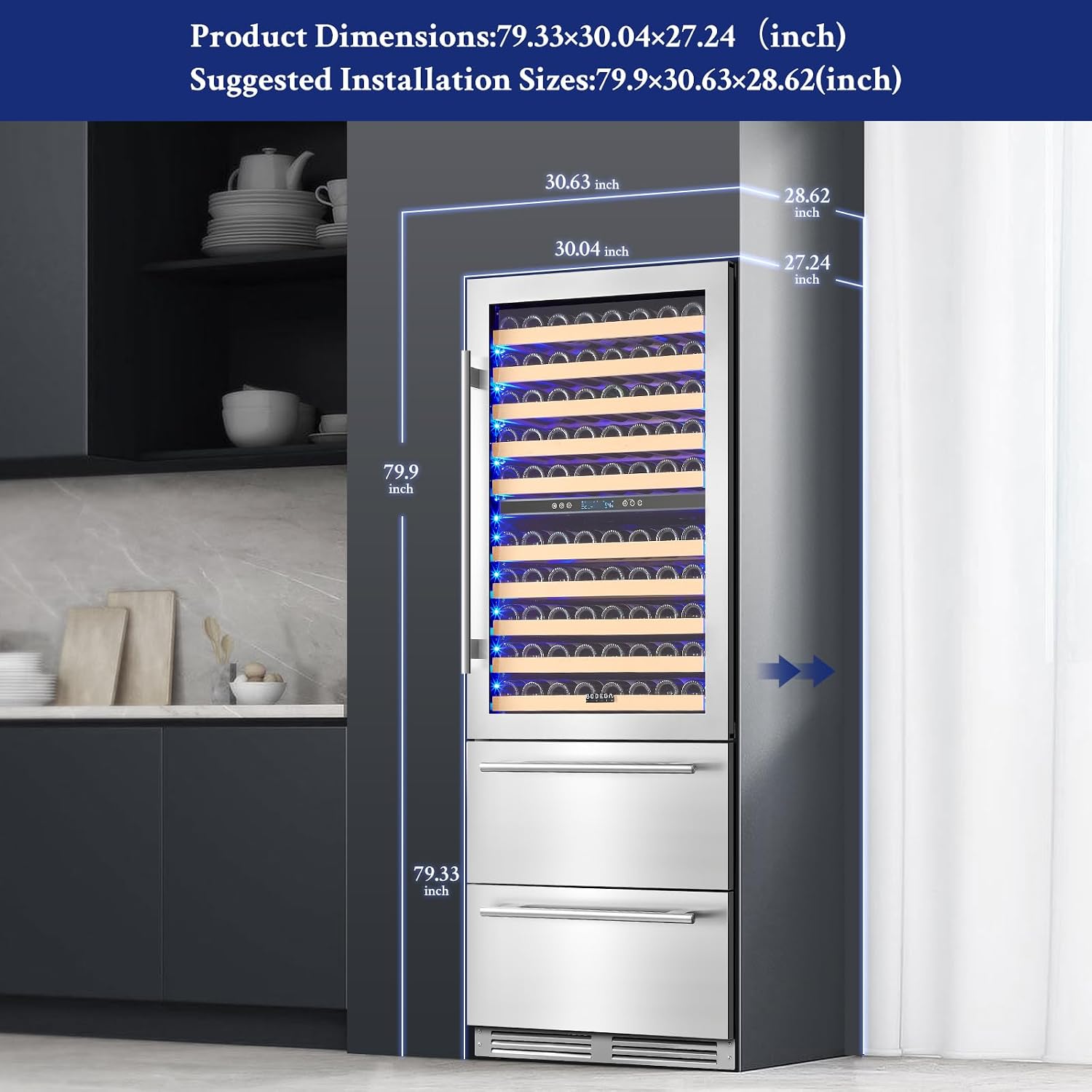 BODEGACOOLER Wine and Beverage Refrigerator, 30 Inch 2 IN 1 Dual Zone Wine Cooler,Built-in or Freestanding Beverage Cooler, Soft LED Light Hold 150 Bottles and 234 Cans