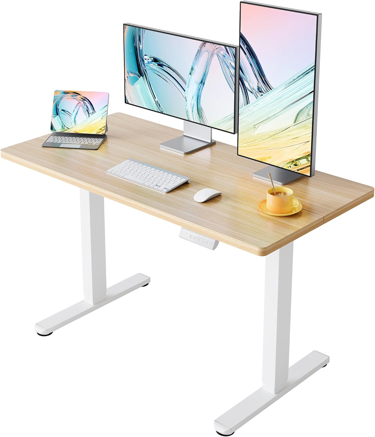 HUANUO Electric Standing Desk,48' x 24' Height Adjustable Desk, 4 Memory Height Settings, Sit to Stand Up Desk for Home Office, with Headphone Hook, Cable Manager, Natural