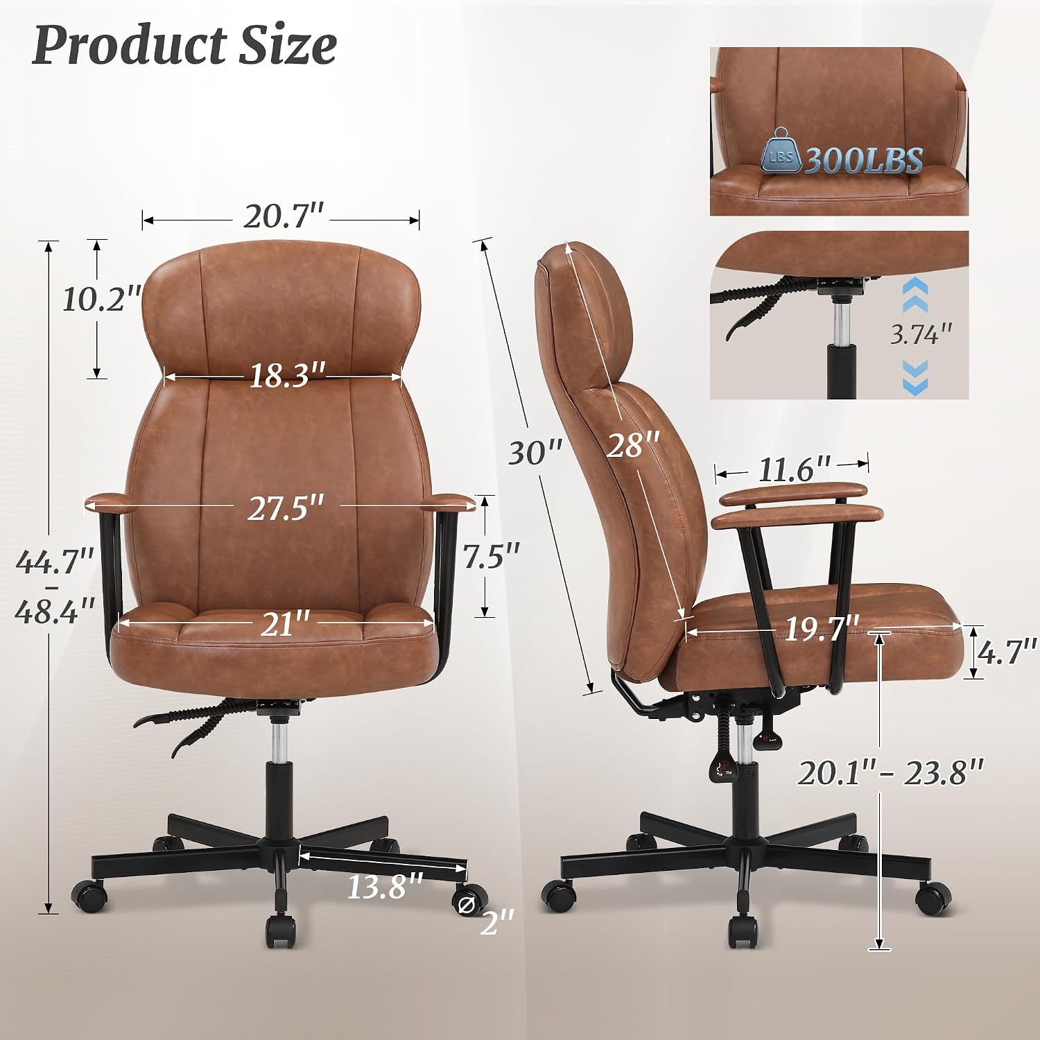 Cozyman Ergonomic PU Leather Home Office Chair, High Back Executive Desk Chair with 5-Layer Cushion, 95-135° Reclining Back, Lumbar Support, Adjustable Height, 360° Swivel for Home Office Task, Brown
