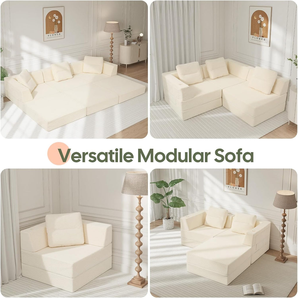 COMAX Futon Sofa Bed 3 Seater, 106' Convertible Sofa Bed Couches for Living Room, 4 in 1 Folding Boneless Sleeper Corduroy Couch Foam in a Box, Comfy Foldable Lounge Fold Out Floor Mattress, Beige