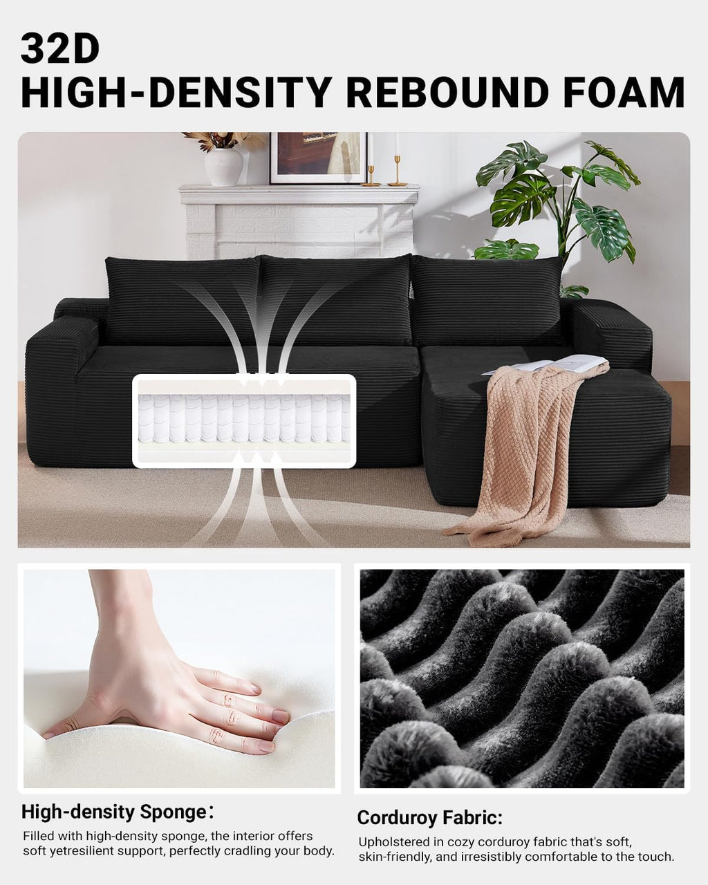 97' Cloud Sectional Couch,Modern Modular Sectional Sofa with Deep Seat,Corduroy Boneless Couches with L-Shape Chaise for Living Room Bedroom,No Assembly Required (Black, 97' Right Facing Chaise)
