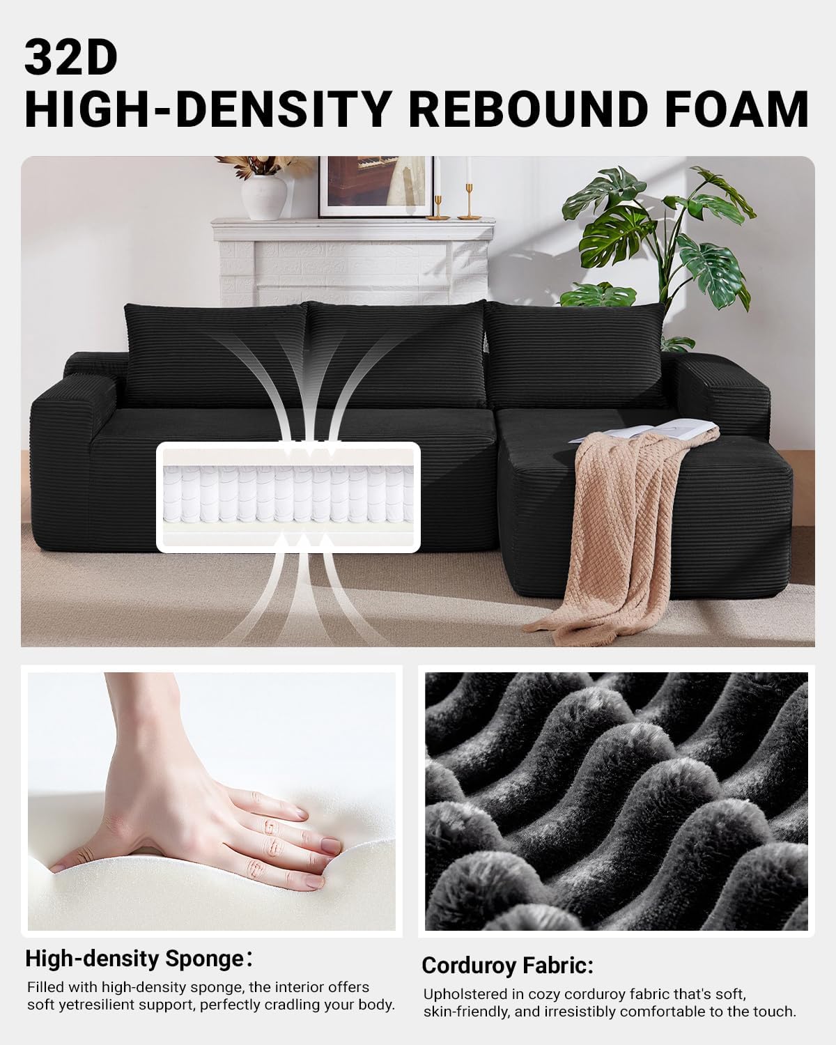 97' Cloud Sectional Couch,Modern Modular Sectional Sofa with Deep Seat,Corduroy Boneless Couches with L-Shape Chaise for Living Room Bedroom,No Assembly Required (Black, 97' Right Facing Chaise)