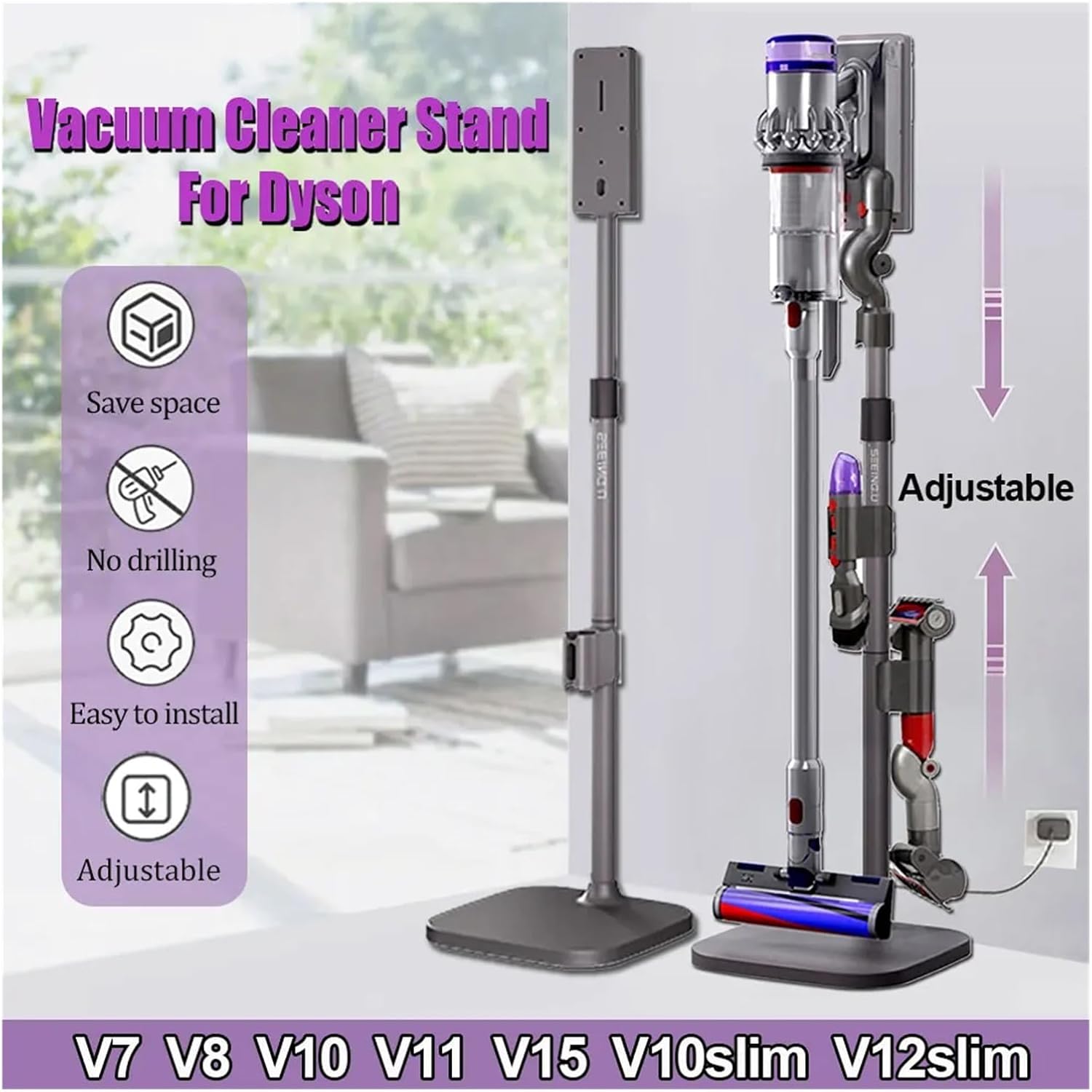Vacuum Cleaner Stand Storage Bracket，Compatible For Dyson V10 V11 V15 V12slim Accessories Holder Adjustable Height No Punching Rack(S3-carbon steel base)