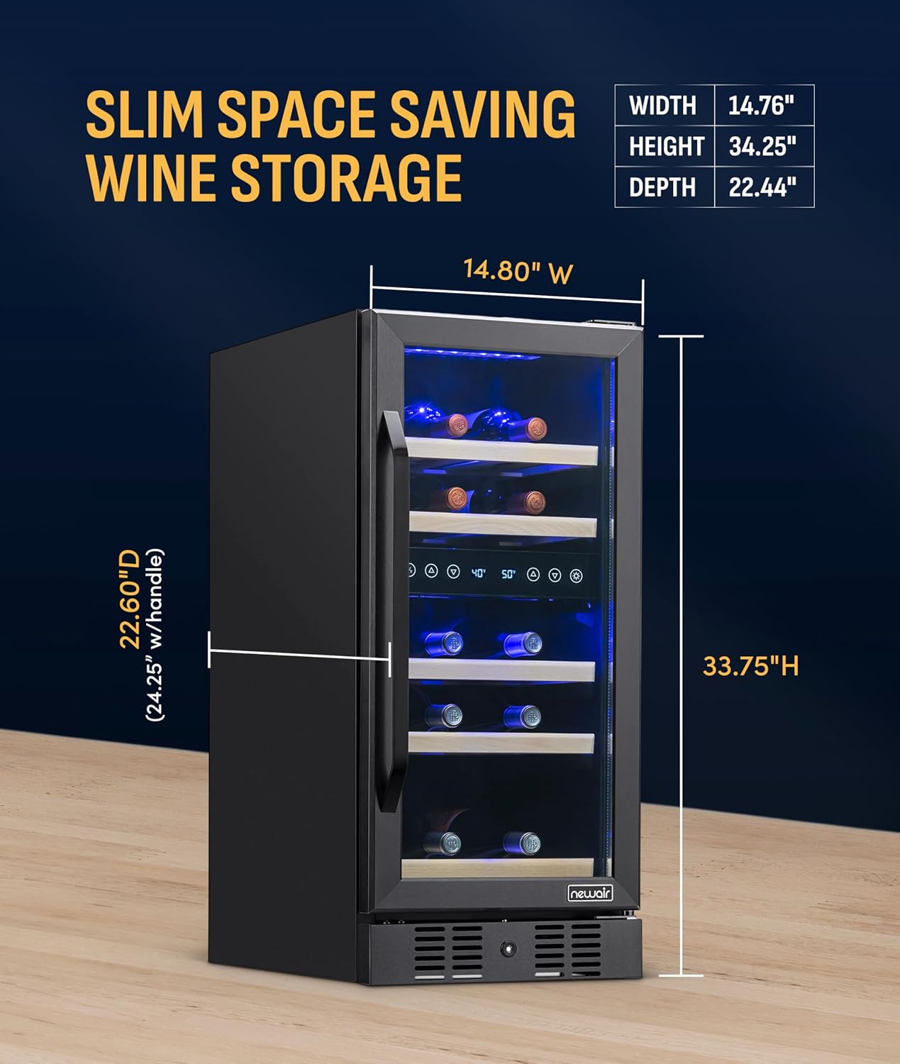 NewAir 15' Dual Zone Wine Fridge for 29 Bottles | Built-In or Freestanding Wine Cooler Refrigerator with Glass Door | Precision Cooling & Wood Shelves for Red and White Wines | Black Stainless Steel