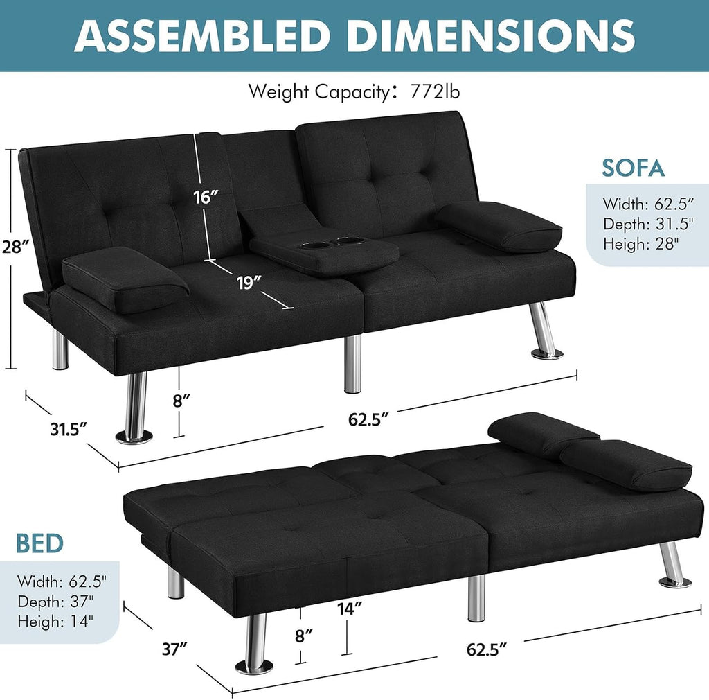 Yaheetech Convertible Sofa Bed Adjustable Fabric Couch Sleeper Modern Recliner Reversible Loveseat Folding Daybed Guest Bed, Removable Armrests, Cup Holders, 3 Angles, 772lb Capacity, Black