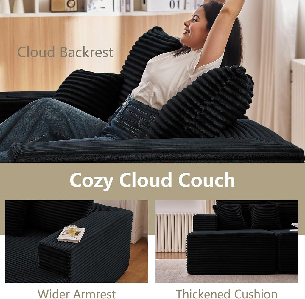 140' L Shaped Cloud Sectional Couch for Living Room, Modular Floor Deep-Seat Sofa, Big Comfy Corduroy Couches Set with Fluffy Memory Foam for Living Room Bedroom, No Assembly Required, Black