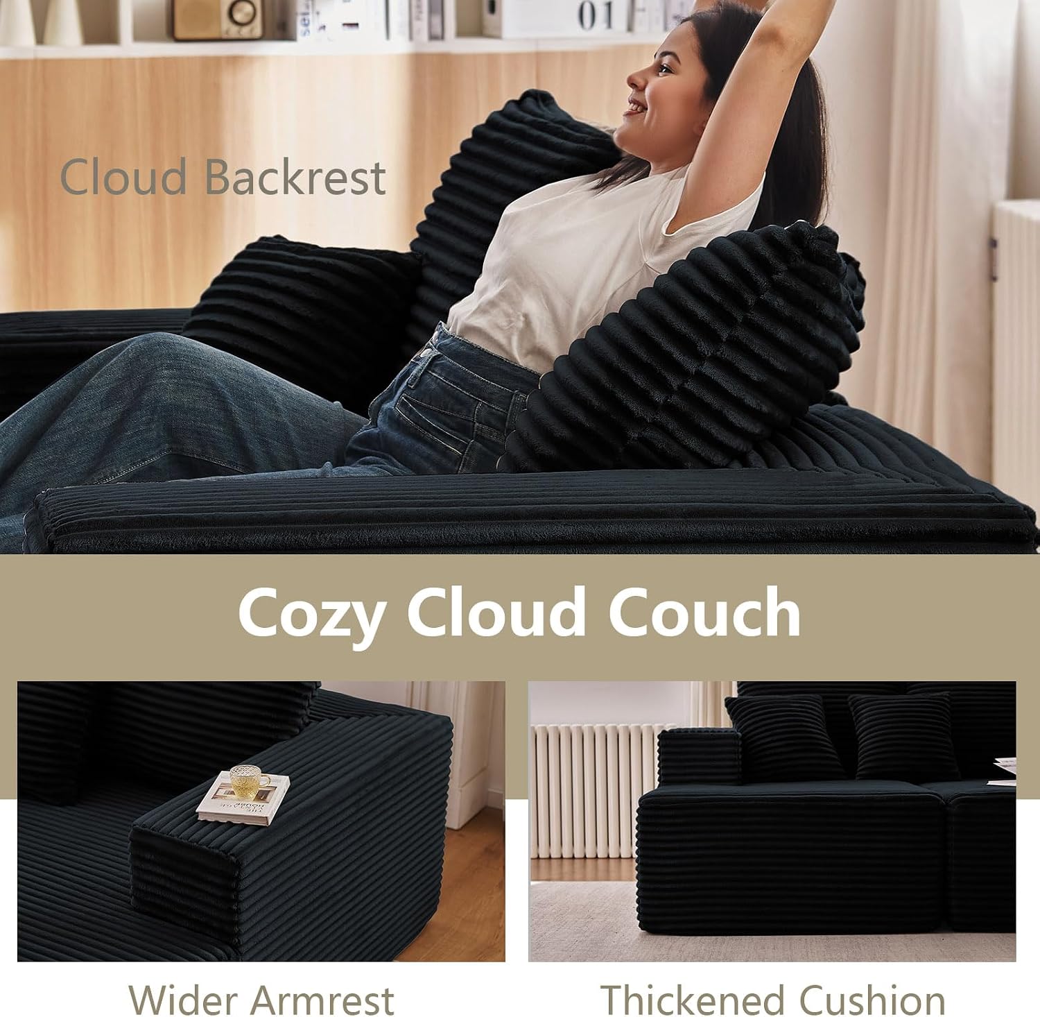 140' L Shaped Cloud Sectional Couch for Living Room, Modular Floor Deep-Seat Sofa, Big Comfy Corduroy Couches Set with Fluffy Memory Foam for Living Room Bedroom, No Assembly Required, Black