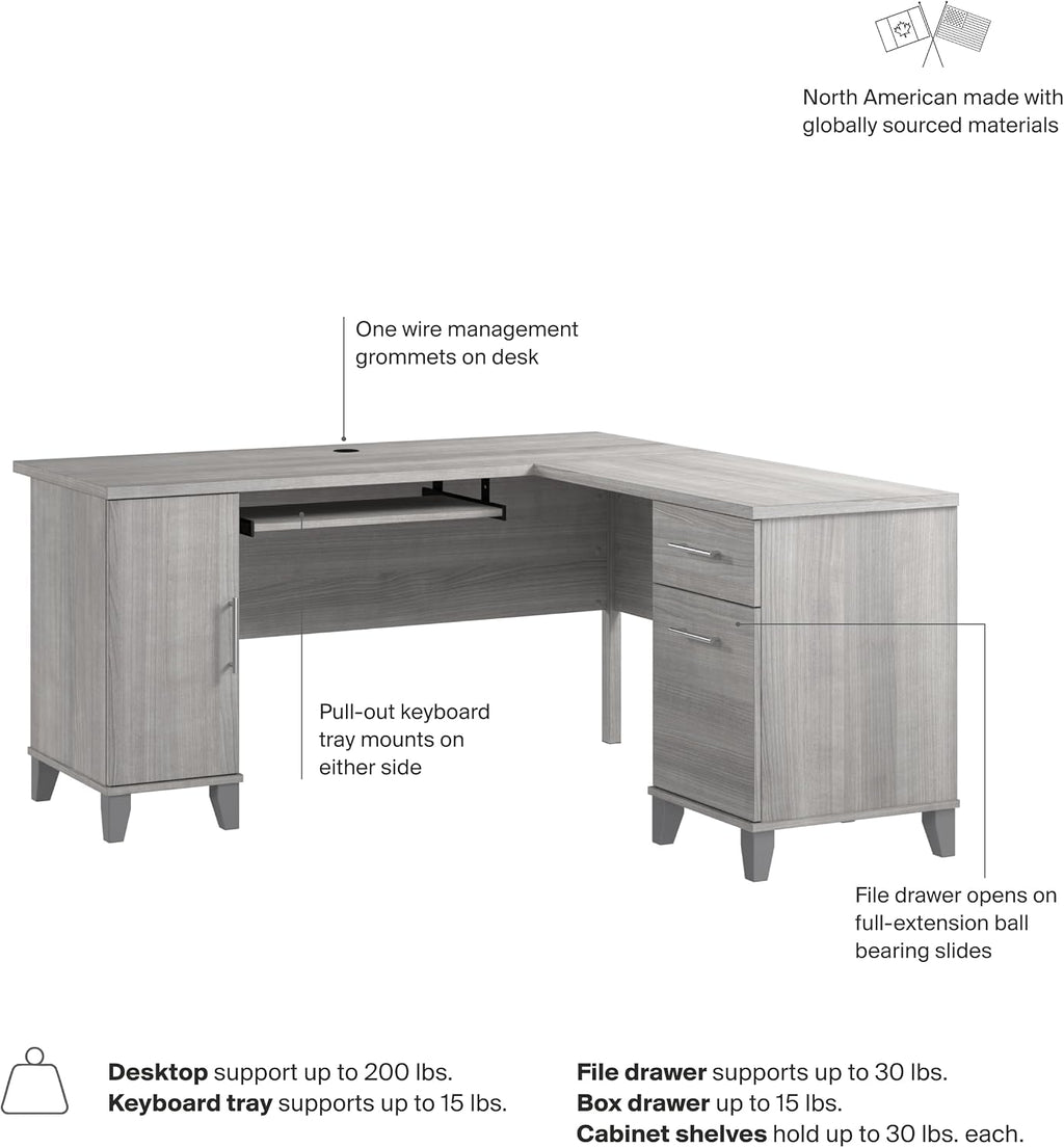 Bush Home 60-Inch L-Shaped Desk with Storage, Corner Computer Office Desk with Drawers and Storage Cabinet, Home Office Furniture, Somerset Collection, Platinum Gray