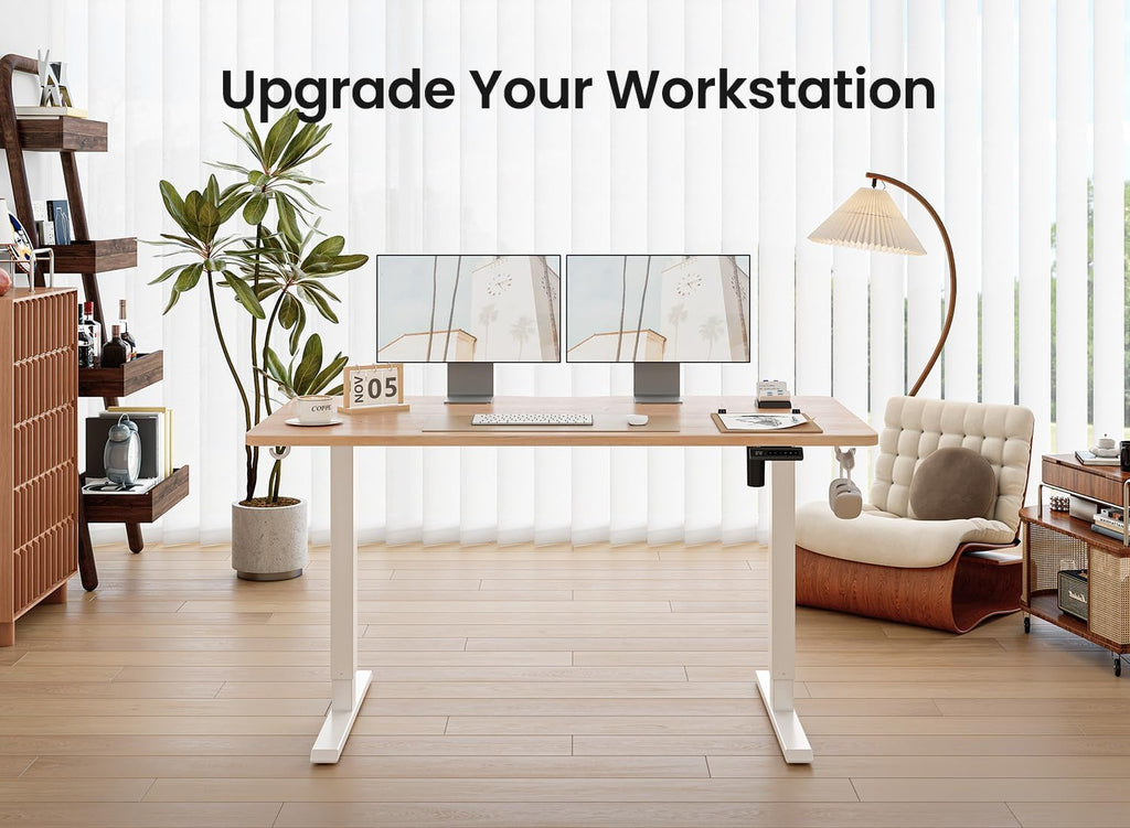 BANTI 55 × 28 Inches Standing Desk, Ergonomic, Electric Height Adjustable, Sit and Stand Up, Computer Office Desk with Splice Board, White Frame/Maple Top