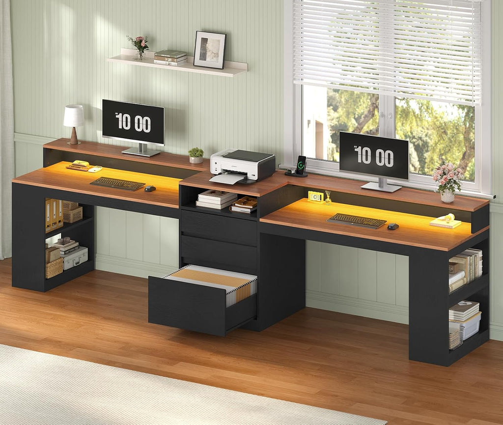 96.6' Long Computer Desk, 2 Person Desk with LED Lights & Power Outlet, Modern Two Person Gaming Desk with File Drawers, Monitor Stand, Printer Shelf ＆ Storage, Double Table for Home Office Black