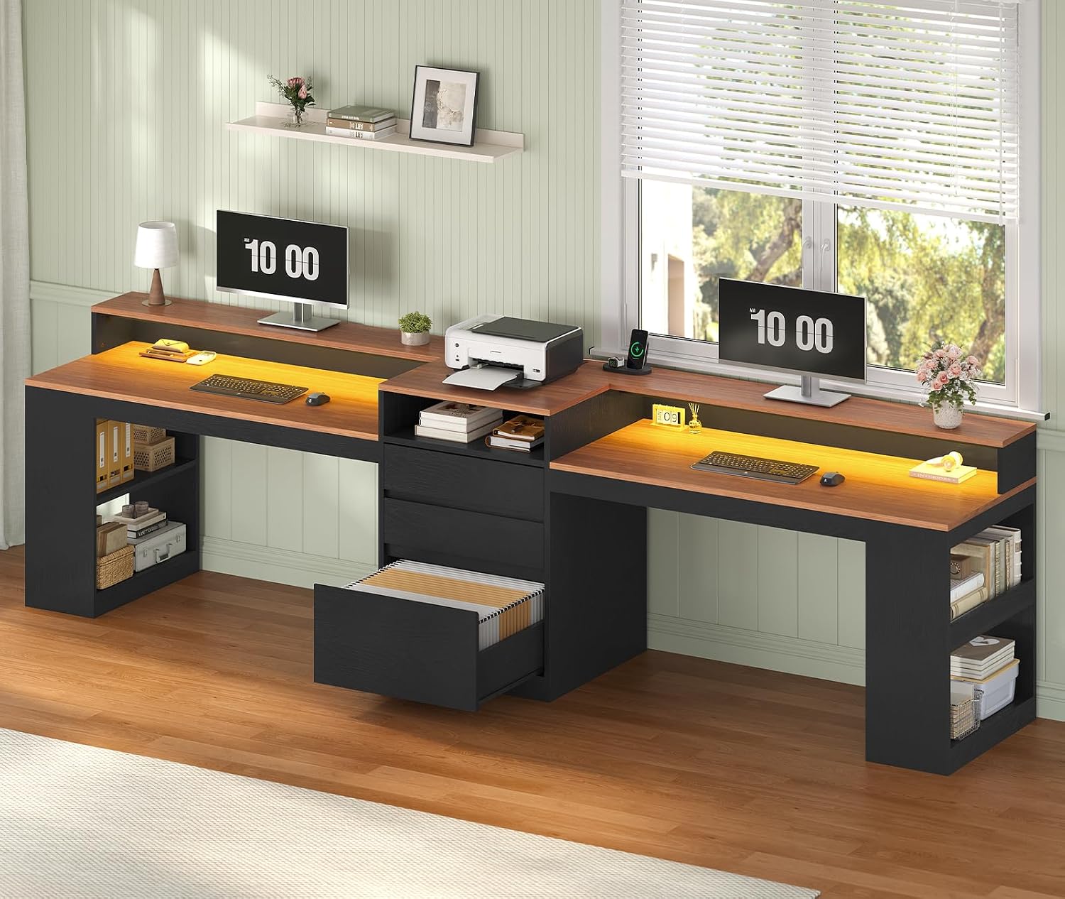 96.6' Long Computer Desk, 2 Person Desk with LED Lights & Power Outlet, Modern Two Person Gaming Desk with File Drawers, Monitor Stand, Printer Shelf ＆ Storage, Double Table for Home Office Black