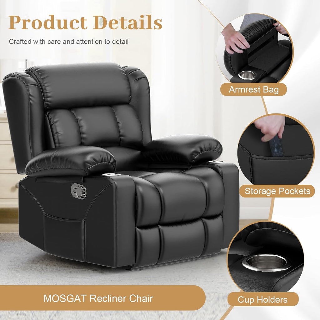 FURNIMAT Recliner Chair, Oversized Manual Reclining Chair for Adults, Single Reclining Sofa with Cup Holder & Pocket, Lounge Recliner for Living Room Home Theater Seating RV Chairs