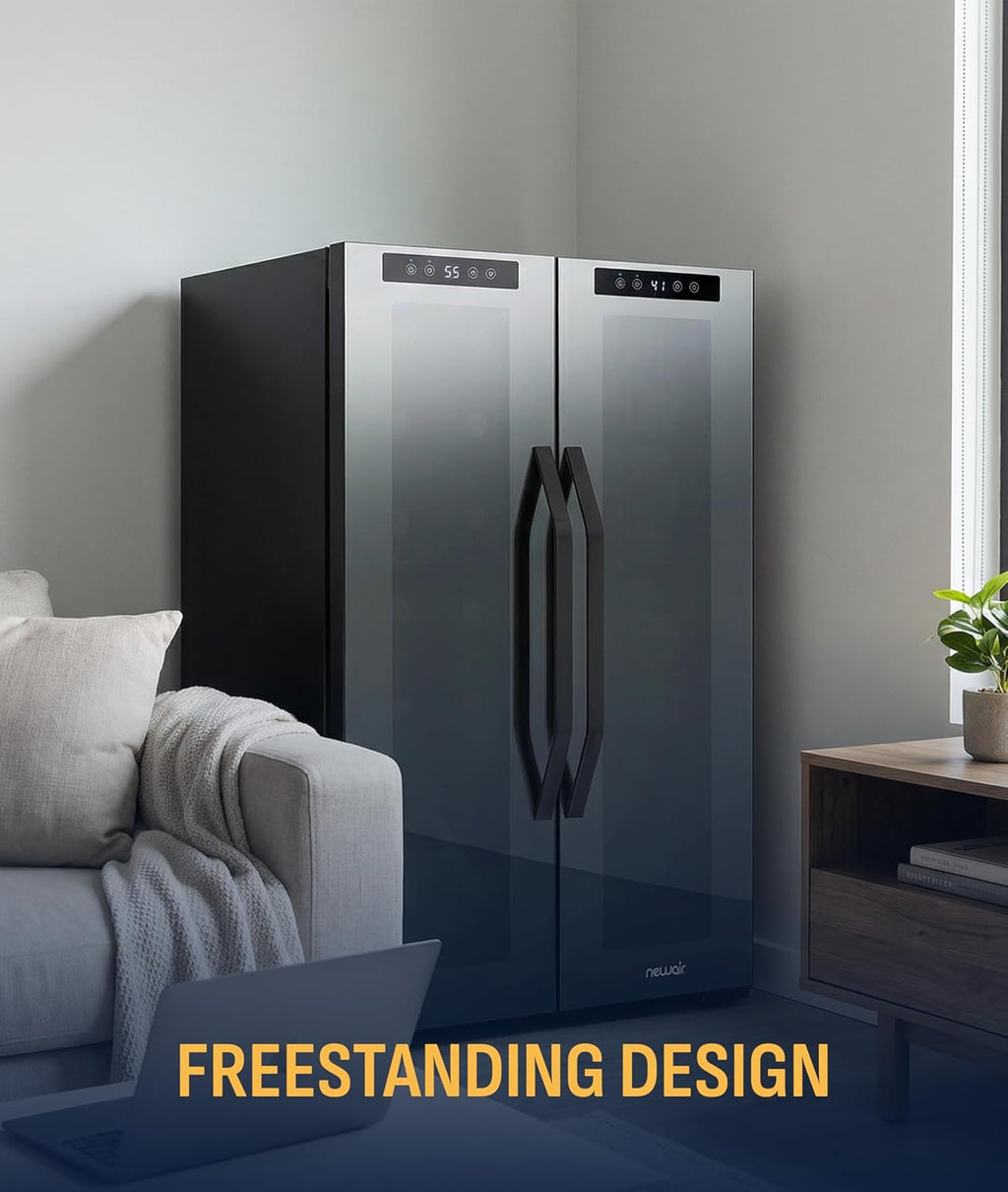NewAir 20' Dual Zone Beverage Refrigerator & Wine Cooler for 12 Bottles & 39 Cans | Freestanding or Built-In Under Counter Mini Fridge for Beer, Wine and Soda | Black