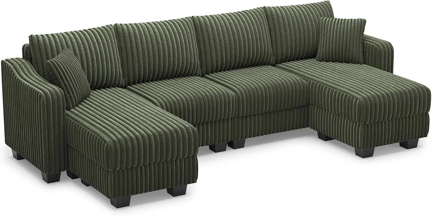 Belffin U Shaped Couch with Reversible Chaises Sectional Couches for Living Room Sectional Couch with Ottomans Corduroy (Green, U Shaped)
